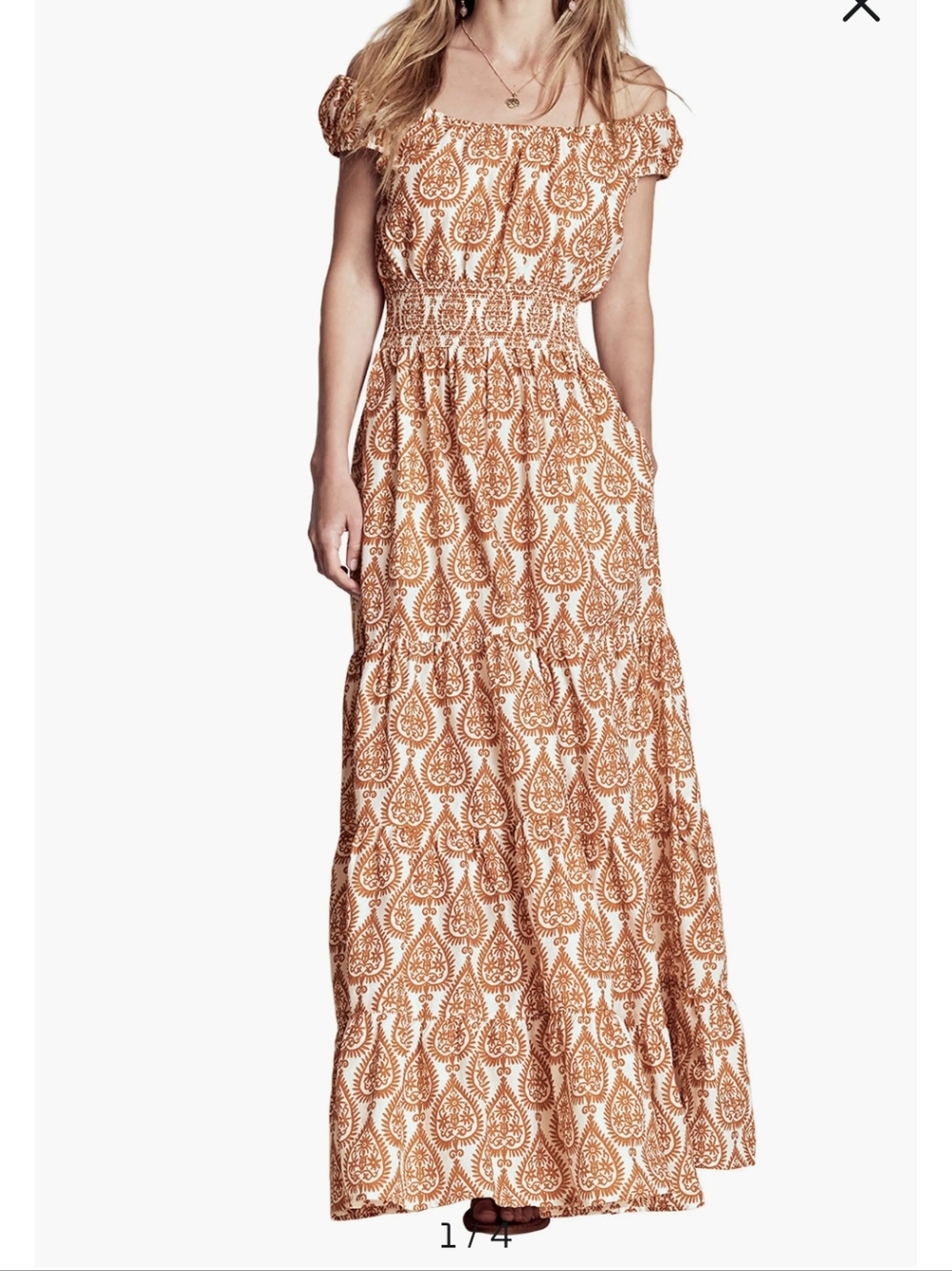 Boden Rust & White Printed Off-Shoulder Maxi Dress